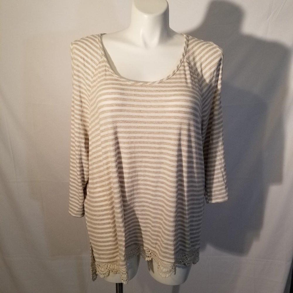 ⭐ Como Vintage 2X Cream Tan Striped Blouse 2X
